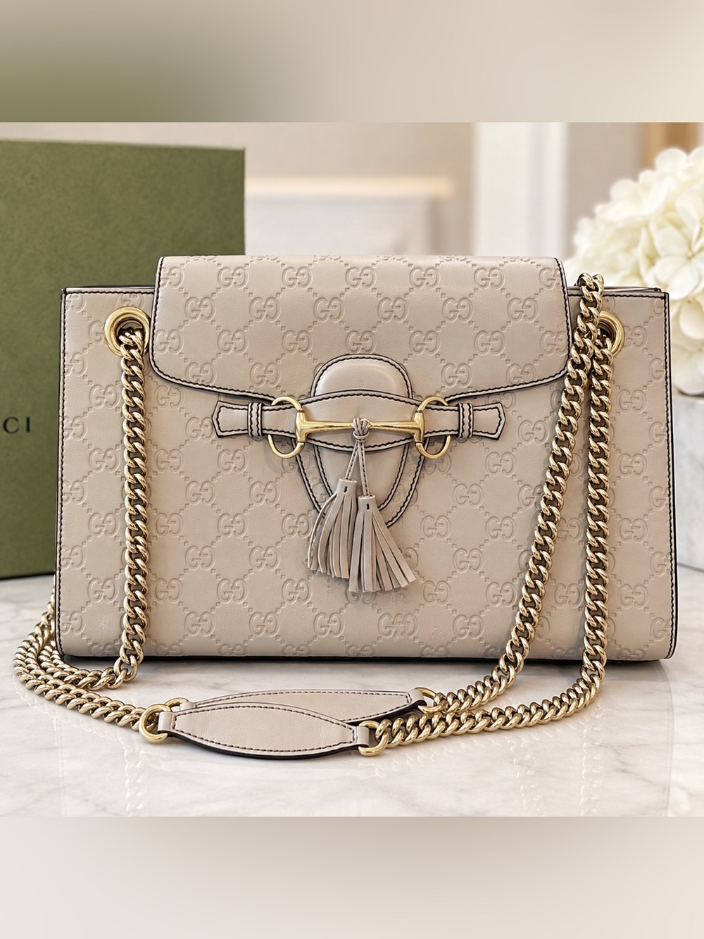 Gucci Emily Large Metallic Gray Guccissima Leather Chain Shoulder Bag